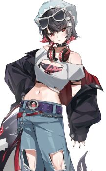 1girl alternate_costume ankle_cutout belt black_hair black_jacket blue_pants breasts colored_inner_hair commentary_request cutoff_jeans cutoffs ellen_joe eyewear_on_head fins fish_tail jacket midriff multicolored_hair navel nemun_(tamizzz) pants red_eyes shark_girl shark_tail shirt simple_background solo stomach tail tongue tongue_out torn_clothes torn_shirt white_background white_shirt zenless_zone_zero