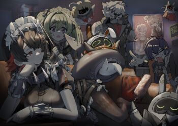 2boys 4girls absurdres alexandrina_sebastiane anastella_(zenless_zone_zero) angry animal_ears apron bangboo_(zenless_zone_zero) belle_(zenless_zone_zero) black_gloves black_hair black_pants black_pantyhose black_vest blue_hair bob_cut bolt_(hardware) bow braid braided_ponytail breasts brick_wall butler butler_(zenless_zone_zero) collar colored_inner_hair commentary_request corin_wickes couch cup door doorway drusilla_(zenless_zone_zero) duster earrings ellen_joe eous_(zenless_zone_zero) eyepatch facepalm facial_hair fingerless_gloves fingers_to_mouth fins fish_tail floating frilled_wristband frills furrowed_brow furry furry_male gloves green_eyes green_hair grey_hair grey_pants grey_skirt hair_between_eyes hair_ornament hairband hairpin head_rest highres holding holding_duster holding_with_tail jacket jewelry large_breasts long_hair lying maid maid_apron maid_headdress medium_breasts medium_hair metal_collar metal_hairband metal_wrist_cuffs mole mole_on_arm mole_under_eye mug multicolored_hair multicolored_jacket multiple_boys multiple_girls mustache on_couch on_side one-eyed open_clothes open_door open_jacket orange_scarf pants pantyhose pillow pocket_watch pointing pointing_at_another prehensile_tail puffy_short_sleeves puffy_sleeves rabbit_ears red_eyes red_hair scarf screw_hair_ornament shark_girl shark_tail shirt short_hair short_sleeves short_twintails sign skirt small_breasts spiked_headband sweatdrop t-shirt tail twintails user_rcdx3723 vest von_lycaon watch white_bow white_fur white_hair wise_(zenless_zone_zero) wolf_boy wolf_ears zenless_zone_zero