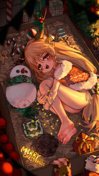 1girl :d absurdres barefoot bell blonde_hair blush box brown_horns candy candy_cane christmas commentary_request fetal_position food full_body gingerbread_man highres holly horns ibuki_suika in_box in_container kourou_(kouroukun) long_hair looking_at_viewer low-tied_long_hair merry_christmas open_mouth panties pinecone side-tie_panties sidelocks smile solo touhou underwear very_long_hair white_panties yellow_eyes