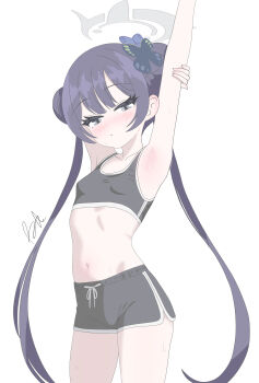 1girl absurdres alternate_costume armpits black_hair black_shorts blue_archive blush breasts butterfly_hair_ornament collarbone commentary_request double_bun grey_eyes grey_halo hair_between_eyes hair_bun hair_ornament halo highres kisaki_(blue_archive) long_hair looking_at_viewer navel presenting_armpit runarie short_shorts shorts sidelocks signature simple_background small_breasts solo sports_bra stomach sweat twintails white_background