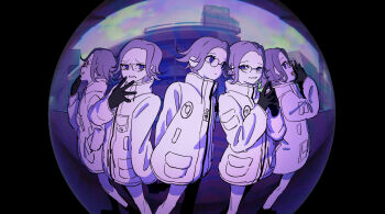 5boys :d absurdres aestro_111 aotsuki_eito black_gloves clone derivative_work evil_smile fisheye glasses gloves grey_hair hand_on_own_chin hand_up hands_up highres jacket looking_at_viewer male_focus monitoring_(vocaloid) multiple_boys open_mouth pants pov_peephole purple_eyes short_hair smile steepled_fingers the_hundred_line_-last_defense_academy- white_jacket white_pants