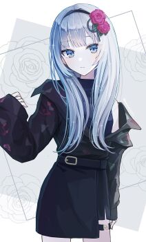 Rule 34 | 1girl, absurdres, ameshi0227, arm at side, belt, black belt, black hairband, black jacket, black skirt, blue eyes, blue hair, blue shirt, center-flap bangs, closed mouth, commentary request, cowboy shot, flower, hair between eyes, hair flower, hair ornament, hair over shoulder, hairband, hand up, highres, jacket, light blue hair, long hair, long sleeves, looking at viewer, official alternate costume, official alternate hairstyle, partially unzipped, pink flower, pink rose, project sekai, rose, shirt, side slit, simple background, single bare shoulder, skirt, sleeveless, sleeveless jacket, sleeves past wrists, solo, turtleneck, turtleneck shirt, yoisaki kanade