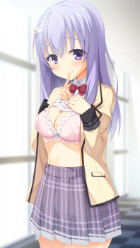 1girl aria_(koiiroharemoyou) blurry blurry_background blush bow bowtie bra breast_suppress breasts breasts_out cleavage closed_mouth clothes_lift cowboy_shot day eyes_visible_through_hair finger_to_mouth frilled_bra frills grey_skirt hair_between_eyes hair_ornament highres index_finger_raised indoors ise_kotori jacket kikka_academy_school_uniform large_breasts lifting_own_clothes long_hair long_sleeves looking_at_viewer miniskirt naughty_face open_clothes open_jacket paid_reward_available pink_bra plaid_clothes plaid_skirt pleated_skirt presenting_own_breasts purple_eyes purple_hair raised_eyebrows red_bow red_bowtie riddle_joker school_uniform shirt shirt_lift shushing skirt smile solo straight_hair suit_jacket sweatdrop underwear white_shirt window wing_hair_ornament yellow_jacket