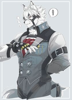 ! 1boy absurdres animal_ear_fluff animal_ears bicep_strap body_fur closed_mouth collared_vest colored_tips commentary_request cowboy_shot ear_wiggle furry furry_male grey_background grey_pants grey_vest highres izm_(izm_rm7) looking_at_viewer male_focus motion_lines multicolored_hair muzzle_(mask) notice_lines pants red_eyes smile solo spoken_exclamation_mark tail tail_belt tail_wagging vest von_lycaon white_fur wolf_boy wolf_ears wolf_tail zenless_zone_zero