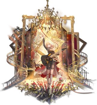 1girl 7-string_guitar absurdres arknights arm_up bang_dream! bang_dream!_it&#039;s_mygo!!!!! black_dress black_shoes black_shorts blonde_hair breasts brown_corset chandelier clothing_cutout corset doloris_(bang_dream!) dress drum drum_set earrings extended_range_guitar falling_petals flower garter_straps guitar guitar_strap hair_between_eyes highres holding holding_guitar holding_instrument instrument jewelry keyboard_(instrument) kneehighs long_sleeves looking_at_viewer medium_breasts medium_hair microphone_stand misumi_uika mortis_(bang_dream!) mortis_(costume)_(bang_dream!) oblivionis_(bang_dream!) official_art open_mouth petals picture_frame red_flower red_rose rose schecter_guitar shoes shorts shorts_under_dress shoulder_cutout sidelocks socks solo third-party_source togawa_sakiko transparent_background wakaba_mutsumi white_socks zheshe_jing