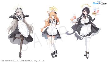 Rule 34 | 3girls, absurdres, alternate costume, animal ear fluff, animal ears, apron, black dress, black gloves, black hair, black pantyhose, black shoes, black veil, blue archive, blush, cake, cake slice, cat ears, cat girl, commentary request, detached collar, double v, dress, drink, food, full body, gloves, hair between eyes, hair over one eye, halo, highres, hinata (blue archive), holding, holding tray, kneehighs, korean commentary, long braid, long hair, long sleeves, looking at viewer, maid, maid apron, maid headdress, mari (blue archive), misyune, multiple girls, official art, orange hair, pantyhose, purple eyes, red eyes, sakurako (blue archive), shoes, short sleeves, sidelocks, socks, standing, standing on one leg, tray, v, veil, white hair, white pantyhose, white socks, wrist cuffs, yellow halo