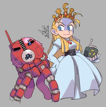 1girl 2022 belt belt_around_waist blonde_hair blue_eyes caliginousarts chest_jewel commentary controller crown cyberbots devilot_de_deathsatan_ix dress english_commentary forehead gem gold_crown hair_slicked_back hand_on_own_hip holding holding_controller holding_remote_control jeweled_crown juliet_sleeves long_sleeves looking_to_the_side mecha multiple_belts non-humanoid_robot princess puffy_sleeves red_gemstone remote_control robot slit_pupils smile super-8 white_dress