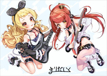 2girls absurdres alternate_costume antenna_hair arm_tattoo azur_lane black_ribbon black_shoes black_skirt black_sleeves blonde_hair blush camisole commentary_request commission crown detached_sleeves electric_guitar fang frilled_skirt frilled_straps frills groin guitar hair_ornament hair_ribbon headset highres holding holding_instrument instrument jenkins_(azur_lane) jersey_(azur_lane) long_hair looking_at_viewer low_twintails marimo_daifuku microphone midi_controller mini_crown miniskirt multiple_girls music pantyhose playing playing_instrument red_eyes red_hair ribbon shoes signature simple_background skeb_commission skirt socks star_(symbol) tank_top tattoo thigh_strap twintails wavy_hair white_pantyhose white_sleeves white_socks yellow_eyes