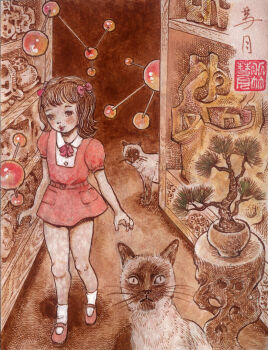 1girl animal belt blush bonsai bow bowtie brown_eyes brown_hair cat dress fractal_underground_studio hair_bow looking_at_viewer mary_janes molecule original plant potted_plant puffy_sleeves red_belt red_bow red_bowtie red_dress red_shoes shelf shoes short_hair short_sleeves siamese_cat smile socks traditional_media tree twintails walking white_socks