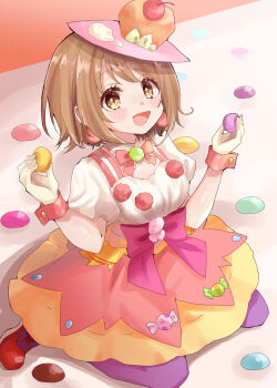 Rule 34 | 1girl, :d, breasts, brown eyes, brown hair, brown skirt, commentary request, food, hands up, highres, holding, holding food, idolmaster, idolmaster cinderella girls, idolmaster cinderella girls starlight stage, looking at viewer, macaron, mimura kanako, open mouth, pantyhose, puffy short sleeves, puffy sleeves, purple pantyhose, red shoes, rino cnc, shirt, shoes, short sleeves, sitting, skirt, small breasts, smile, solo, sweet2 happy (idolmaster), tilted headwear, wariza, white shirt