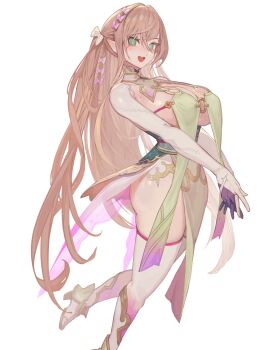 :d bow breasts brown_hair character_request copyright_request green_eyes hair_bow highres lack large_breasts long_hair looking_at_viewer open_mouth pointy_ears simple_background smile standing standing_on_one_leg white_background