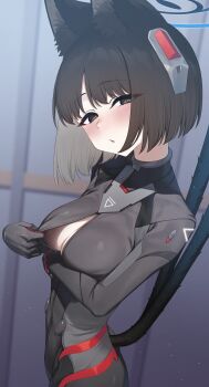 1girl absurdres animal_ears black_bodysuit black_eyes black_gloves black_hair blue_archive blue_halo bodysuit breasts cat_ears cat_girl cat_tail cleavage commentary_request cosplay cowboy_shot gloves halo highres kikyou_(blue_archive) looking_at_viewer multiple_tails open_bodysuit open_clothes pizza_(pizzania_company) presenting_breasts rio_(armed)_(blue_archive) rio_(blue_archive) rio_(blue_archive)_(cosplay) short_hair solo tail two_tails