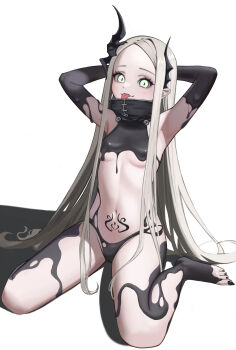 1girl absurdres armpits arms_behind_head bare_shoulders black_horns black_liquid black_nails breasts commentary forehead goddess_of_victory:_nikke green_eyes grey_hair highres horns leviathan_(nikke) liquid_clothes long_hair looking_at_viewer mesugaki navel pointy_ears pubic_tattoo simple_background small_breasts tattoo thick_thighs thighs tongue tongue_out white_background won_(won3355)