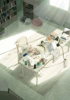 1girl arm_on_table arm_rest arm_up barefoot blonde_hair blue_shorts book book_stack bookshelf breasts cable calendar_(object) camisole carpet chair chest_of_drawers colored_eyelashes commentary computer cup curtains denim denim_shorts desk desk_lamp drawer drink_carton drinking_glass gakuen_idolmaster gradient_hair grey_hair grey_robe hair_ornament hair_spread_out hairclip head_on_table highres holding holding_pencil idolmaster indoors lamp laptop looking_up magazine_(object) milk_carton multicolored_hair newspaper newspaper_stack on_chair open_clothes open_magazine open_robe orange_eyes parallel_hairclips pencil pencil_case plant potted_plant rain_(regen) reaching robe saucer shinosawa_hiro shorts sitting small_breasts sunlight teacup white_camisole wide_shot window window_shadow wristband