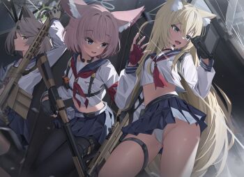 3girls animal_ears anti-materiel_rifle aqua_eyes ballistic_shield barrett_m82 black_choker black_gloves black_hair blonde_hair blue_archive blue_halo blue_sailor_collar blue_skirt blush breasts choker commentary fake_animal_ears fingerless_gloves fox_ears fox_girl gloves green_eyes green_halo gun h&amp;k_ump hair_between_eyes halo holding holding_gun holding_shield holding_weapon kurumi_(blue_archive) kuwa_za long_hair multiple_girls neckerchief niko_(blue_archive) open_mouth otogi_(blue_archive) panties pink_hair pleated_skirt red_gloves red_neckerchief rifle sailor_collar shield shirt short_hair shotgun skirt small_breasts sniper_rifle submachine_gun triangle_halo underwear upskirt weapon white_panties white_shirt