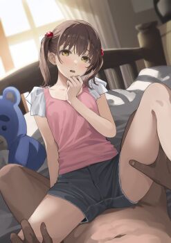 1boy 1girl :o backlighting bed bed_sheet blue_shorts blush brown_hair dot_nose dutch_angle embarrassed hair_bobbles hair_ornament hand_on_another&#039;s_leg highres indoors navel original pants red_pants red_shirt shirt short_hair shorts sidelocks sitting sitting_on_person solo_focus spread_legs stuffed_animal stuffed_toy teddy_bear teeth twintails upper_teeth_only wide_spread_legs yoropa