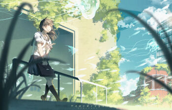 1girl absurdres artist_name bag black_hair black_socks blue_neckerchief blue_sailor_collar blue_skirt blurry blurry_foreground brown_eyes brown_shoes building closed_mouth cloud commentary_request dated day fish grass highres holding holding_bag jellyfish kneehighs knees_together_feet_apart loafers looking_ahead medium_skirt neckerchief on_railing original outdoors overgrown pleated_skirt railing sailor_collar school_uniform shirt shoes short_sleeves sitting skirt sky socks solo teardrops_(user_vgvd7733) white_shirt wide_shot window