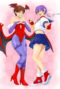 Rule 34 | 2girls, :d, animal print, bare shoulders, bat print, bat wings, blue sailor collar, blue skirt, boots, bridal gauntlets, brown eyes, brown hair, checkered background, clenched hands, clenched teeth, clothing cutout, commentary request, cosplay, costume switch, covering breasts, covering privates, crop top, darkstalkers, diamond cutout, embarrassed, flat chest, full body, hachimaki, hands up, head wings, headband, high heel boots, high heels, highres, kasugano sakura, leotard, lilith (darkstalkers), looking at viewer, looking down, multiple girls, neckerchief, open mouth, pantyhose, pink background, pleated skirt, purple bridal gauntlets, purple eyes, purple hair, purple pantyhose, red boots, red leotard, red shoes, red wings, sailor collar, school uniform, serafuku, shirt, shoes, short hair, skirt, smile, sneakers, strapless, strapless leotard, street fighter, takeda yuuko, teeth, white headband, white shirt, wings, yellow neckerchief