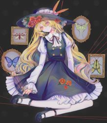 1girl black_bow black_hat black_shoes black_vest blonde_hair blue_butterfly bow bug butterfly buttons cicada closed_mouth collared_shirt cross dolls_in_pseudo_paradise expressionless feathers flower footwear_bow frilled_shirt_collar frills hair_between_eyes hat hat_feather hat_flower highres hourai_kiriri insect jacket_girl_(dipp) juliet_sleeves knitting_needle latin_cross leaf long_hair long_sleeves looking_at_viewer moth neck_ribbon needle orange_eyes pantyhose picture_frame puffy_sleeves red_flower red_ribbon ribbon shirt shoes sitting skirt skirt_set solo string touhou very_long_hair vest white_pantyhose white_shirt yellow_butterfly yokozuwari