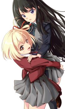 black_hair blonde_hair blush breasts commentary_request highres inoue_takina kakikakilemon long_hair looking_at_viewer looking_back lycoris_recoil lycoris_uniform nishikigi_chisato open_mouth purple_eyes red_eyes red_ribbon ribbon ribbon_hair school_uniform short_hair simple_background white_background