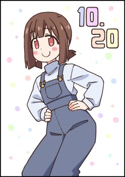 1girl black_border blush_stickers border brown_hair closed_mouth commentary_request dated hands_on_own_hips happy_birthday hozuki_momiji long_sleeves looking_at_viewer medium_hair nekotoufu official_art onii-chan_wa_oshimai! overalls polka_dot polka_dot_background ponytail red_eyes short_ponytail smile solo white_background