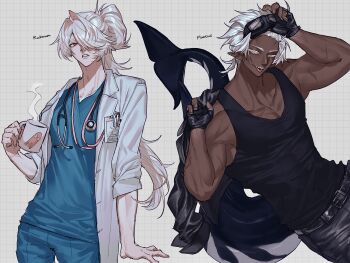 2boys absurdres belt black_belt black_gloves black_shirt black_skin collarbone colored_skin commentary cup dark-skinned_male dark_skin doctor fingerless_gloves fins fish_tail gloves goggles goggles_on_head grey_hair highres holding holding_cup lab_coat long_hair monster_boy multiple_boys muscular muscular_male original pointy_ears red_eyes ryoryo. shark_boy shark_tail sharp_teeth shirt short_hair simple_background sleeveless tail teeth white_hair yellow_eyes