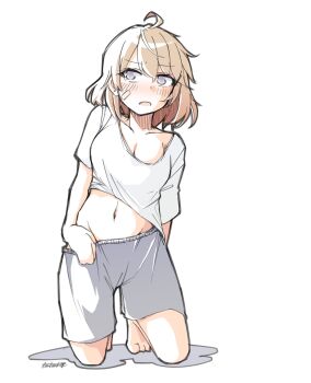 1girl ahoge alternate_costume bandaid bandaid_on_face breasts brown_hair colorized full_body grey_eyes grey_shorts groin highres kantai_collection kneeling lineart medium_breasts navel oboro_(kancolle) shirt short_hair shorts solo tatahai white_shirt