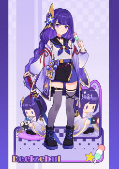 1girl absurdres alternate_costume artist_name belt blunt_bangs boots braid braided_ponytail cameo casual character_doll character_name charm_(object) child choker contemporary controller dafu_zhentan dango detached_sleeves doll eating english_text flower food full_body game_controller genshin_impact hair_flower hair_ornament handheld_game_console highres holding holding_food holding_sword holding_weapon katana leg_ribbon long_hair long_sleeves looking_at_viewer low-braided_long_hair low-tied_long_hair mitsudomoe_(shape) mole mole_under_eye neckerchief puffy_sleeves purple_eyes purple_hair raiden_shogun ribbon sailor_collar sanshoku_dango school_uniform serafuku sidelocks single_braid skirt smile solo standing star_(symbol) sword thighhighs tomoe_(symbol) vision_(genshin_impact) wagashi weapon zettai_ryouiki