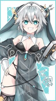 1girl blue_eyes book breasts date_a_live grey_hair honjou_nia hoshibana_anima nun panties smile solo underwear