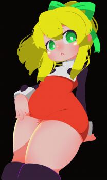 1girl :c animated animated_gif black_background blonde_hair clothes_pull dress green_eyes hair_ribbon highres loli long_hair looking_at_viewer mega_man_(series) pussy_juice rakuda_itou red_dress ribbon roll_(mega_man) simple_background solo sweatdrop thick_thighs thighs