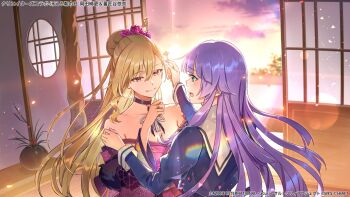 2girls aqua_eyes assault_lily banshouya_ena bare_shoulders blonde_hair blunt_ends blurry blurry_background breasts cleavage closed_mouth cloud collar collarbone commentary_request copyright_notice cropped_jacket evening eye_contact floral_print flower fur-trimmed_kimono fur_trim hair_between_eyes hair_bun hair_flower hair_ornament hair_stick hairdressing hand_on_another's_arm hand_up hands_up holding holding_hair_ornament hoshi_rasuku indoors japanese_clothes jewelry kimono lens_flare light_particles long_hair long_sleeves looking_at_another low-tied_sidelocks medium_breasts multiple_girls neck_ribbon off_shoulder official_alternate_costume official_alternate_hairstyle official_art okada_kisara open_mouth plant potted_plant print_kimono profile purple_collar purple_flower purple_hair purple_kimono red_eyes ribbon ring school_uniform shouji shoulder_tattoo sidelocks single_hair_bun sliding_doors smile standing sunset tattoo upper_body very_long_hair white_ribbon wide_sleeves yurigaoka_girls_academy_school_uniform