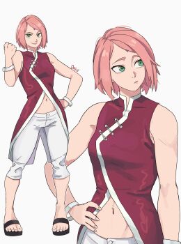 1girl absurdres artist_name boruto:_naruto_next_generations closed_mouth commentary dashi_(dashiart) facial_mark forehead_mark full_body green_eyes haruno_sakura highres looking_at_viewer multiple_expressions multiple_views naruto_(series) navel pink_hair sandals short_hair simple_background sleeveless standing white_background