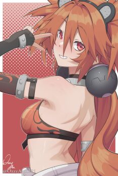 1girl ahoge animal_ears armpits bare_shoulders bear_ears black_gloves breasts crop_top fake_animal_ears fingerless_gloves gloves hair_between_eyes hair_ornament highres koleda_belobog long_hair looking_at_viewer midriff navel original ozzyart_0221 red_eyes red_hair solo sphere_hair_ornament twintails zenless_zone_zero