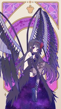 1girl absurdres akemi_homura akuma_homura argyle_clothes argyle_thighhighs bare_shoulders black_dress black_gloves black_shoes black_thighhighs black_wings bow closed_mouth commentary_request dress elbow_gloves feathered_wings finger_to_own_chin full_body gloves hair_bow hairband hand_on_own_leg highres knees_up looking_at_viewer mahou_shoujo_madoka_magica mahou_shoujo_madoka_magica:_hangyaku_no_monogatari purple_eyes red_bow red_hairband ruru_(rurumagi) shoes solo strapless strapless_dress thighhighs wings