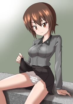 1girl absurdres black_collar black_skirt breasts brown_eyes brown_hair closed_mouth clothes_lift collar commentary_request drops_mint flashing frilled_panties frills girls_und_panzer gradient_background grey_shirt highres kuromorimine_school_uniform large_breasts lifting_own_clothes long_sleeves looking_at_viewer nishizumi_maho panties pleated_skirt school_uniform shirt simple_background sitting skirt skirt_lift smile solo underwear white_panties wing_collar
