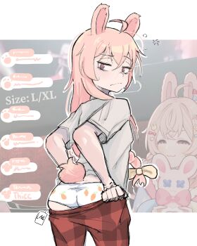 1girl absurdres adjusting_clothes ahoge animal_ears annoyed ass ass_focus bow braid braided_ponytail carrot_panties carrot_print food_print hair_bow highres inconvenient_ass livestream long_hair looking_at_viewer looking_back panties pants phase_connect pink_bow pink_eyes pipkin_pippa print_panties rabbit_ears rabbit_girl rabbit_tail red_pants shirt tail underwear virtual_youtuber white_panties white_shirt zlix0n