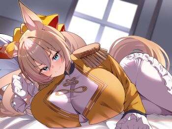 1girl absurdres alternate_breast_size_(larger) animal_ears blonde_hair blurry blurry_background breasts commentary_request durandal_(chevalier_fidele)_(umamusume) durandal_(umamusume) epaulettes gloves highres horse_ears horse_girl horse_tail hug huge_breasts indoors long_hair looking_at_viewer lying on_side paid_reward_available pants smoke_klll solo tail umamusume white_gloves white_pants window