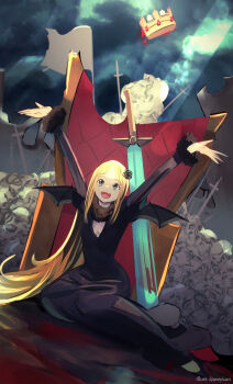 1girl absurdres black_dress black_nails black_neckwear blonde_hair bloody_sword blue_eyes bone breasts cleavage crown daweykun demon_girl demon_wings dress fur_trim highres long_hair nail_polish overlord_(maruyama) renner_theiere_chardelon_ryle_vaiself ruins sharp_nails skull sword throne very_long_hair weapon wings