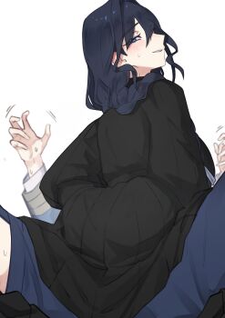 2girls absurdres ass black_dress black_hair blue_eyes blush braid dress dual_persona girl_on_top hair_intakes highres hololive hololive_english hunk_404 juliet_sleeves long_hair long_sleeves looking_at_viewer maid multiple_girls official_alternate_costume official_alternate_hairstyle ouro_kronii ouro_kronii_(4th_costume) ouro_kronii_(maid) puffy_sleeves selfcest smile straddling sweatdrop teeth victorian_maid virtual_youtuber white_background yuri