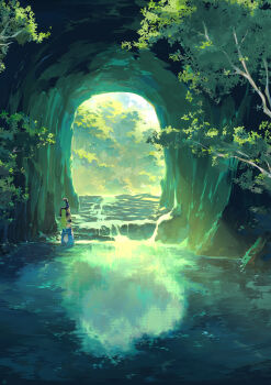 Rule 34 | 1girl, blonde hair, blue pants, cave, highres, long hair, mashutarou (neko no oyashiro), nature, original, pants, scenery, stretching, tree, very wide shot, wading