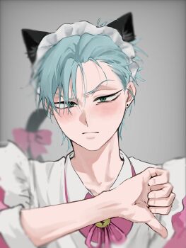 Rule 34 | 1boy, alien stage, animal ears, bell, bow, cat ears, cat tail, closed mouth, commentary, crossdressing, crossdressing (mtf), dress, earrings, green eyes, grey background, grey hair, heart, heart hands, heart hands duo, highres, jewelry, maid, maid headdress, male focus, male maid, naa kamui, neck bell, neck ribbon, official alternate costume, pink dress, pink ribbon, portrait, ribbon, short hair, simple background, solo, symbol-only commentary, tail, tail bow, tail ornament, thumbnail collage, till (alien stage), very short hair