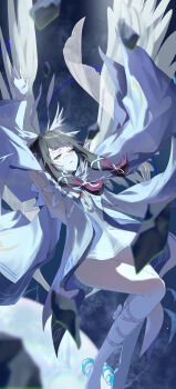 Rule 34 | 1girl, absurdres, arms up, blunt bangs, columbina (genshin impact), commentary request, dress, feathered wings, genshin impact, gradient hair, hair ribbon, half-closed eyes, head wings, highres, leg ribbon, multicolored hair, multiple wings, parted lips, pink eyes, pink hair, ribbon, sidelocks, sleeveless, sleeveless dress, solo, user dntu8858, white dress, white ribbon, wings