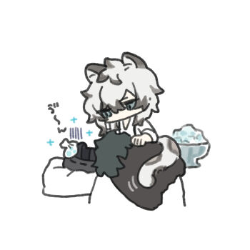 1boy 1other animal_ears arknights bowl chibi chickenuma_0 commentary_request doctor_(arknights) food grey_hair hair_between_eyes highres lying male_focus multiple_boys no_mouth shaved_ice shirt silverash_(arknights) simple_background snow_leopard_boy snow_leopard_ears snow_leopard_tail tail white_background white_hair white_shirt