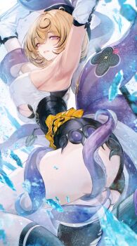 1girl absurdres armpits arms_up ass black_hair black_hat black_shorts black_socks black_thighhighs blonde_hair blush breasts clothing_cutout commentary detached_sleeves english_commentary hat highres large_breasts light_smile medium_hair mole mole_under_mouth multicolored_hair pink_eyes pink_lips renoahh shirt shorts single_thighhigh socks solo streaked_hair tentacle_girl tentacles thighhighs thighs torn_clothes torn_thighhighs two-tone_hair underboob_cutout white_shirt white_sleeves yellow_pupils yidhari_murphy zenless_zone_zero