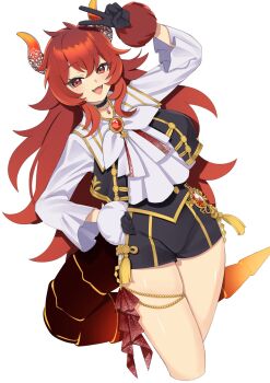 1girl :d arm_up black_gloves black_shirt black_shorts bracelet breasts commentary_request cropped_legs dola_(nijisanji) dragon_girl dragon_horns dragon_tail fangs fur_bracelet gem gloves gold_trim hand_on_own_hip highres horns idol_clothes jewelry large_breasts layered_shirt light_blush lips long_hair long_sleeves looking_at_viewer nijisanji nijisanji_idol_uniform open_mouth orange_horns orange_tail red_eyes red_gemstone red_hair sasha_f shirt shorts simple_background smile solo tail tassel thigh_strap v very_long_hair virtual_youtuber white_background white_shirt