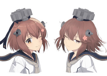 black_ribbon black_sailor_collar brown_eyes brown_hair commentary_request dress flower grey_neckerchief hair_flower hair_ornament headgear highres kantai_collection looking_at_viewer neckerchief one_eye_closed ribbon sailor_collar sailor_dress short_hair upper_body white_dress yuki_4040 yukikaze_(kancolle) yukikaze_kai_ni_(kancolle)