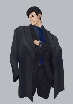 Rule 34 | 1boy, absurdres, arai hiroaki (rgg), black hair, black suit, blue necktie, commentary request, cowboy shot, crossed arms, formal clothes, highres, jacket, jacket on shoulders, necktie, nicacu, ryuu ga gotoku (series), ryuu ga gotoku 4, solo, suit, watch, wristwatch
