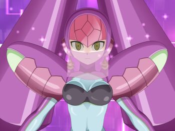 1girl armor bodysuit breasts cleavage em_wave_change_(mega_man) green_eyes helmet henshin k0n0n luna_platz_(mega_man) mega_man_(series) mega_man_star_force_(series) mind_control mouth_veil multicolored_bodysuit purple_background purple_helmet queen_ophiuca_(mega_man) shoulder_armor sparkle two-tone_bodysuit veil