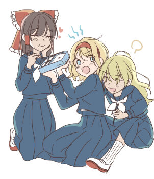 3girls absurdres alice_margatroid alternate_costume bento blue_eyes blue_shirt blue_skirt blush bow brown_hair chopsticks closed_eyes closed_mouth commentary_request eating frilled_bow frills hair_bow hair_tubes hairband hakurei_reimu heart highres holding holding_chopsticks kirisame_marisa long_hair long_sleeves multiple_girls neckerchief no_headwear open_mouth red_bow red_hairband school_uniform shirt shoes sitting skirt smile socks touhou tsuno_no_hito white_neckerchief white_shoes white_socks yellow_eyes