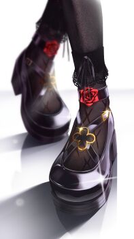1girl absurdres black_pantyhose black_ribbon black_shoes commentary english_commentary flower footwear_flower footwear_focus highres hololive hololive_english irys_(hololive) irys_(maid)_(hololive) luke_s_(artist) official_alternate_costume pantyhose red_flower red_rose ribbon rose shadow shiny_footwear shoes solo virtual_youtuber